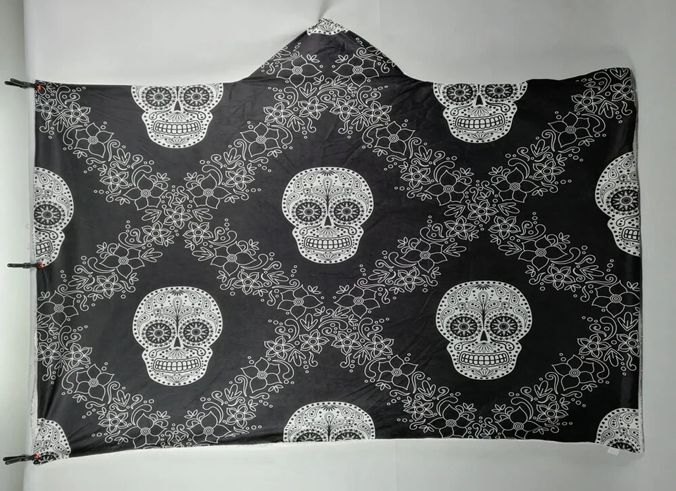 Halloween Gothic Punk Cool Sugar Skull Warm Fleece Hooded Blanket Sofa Throw - Image 2 of 4