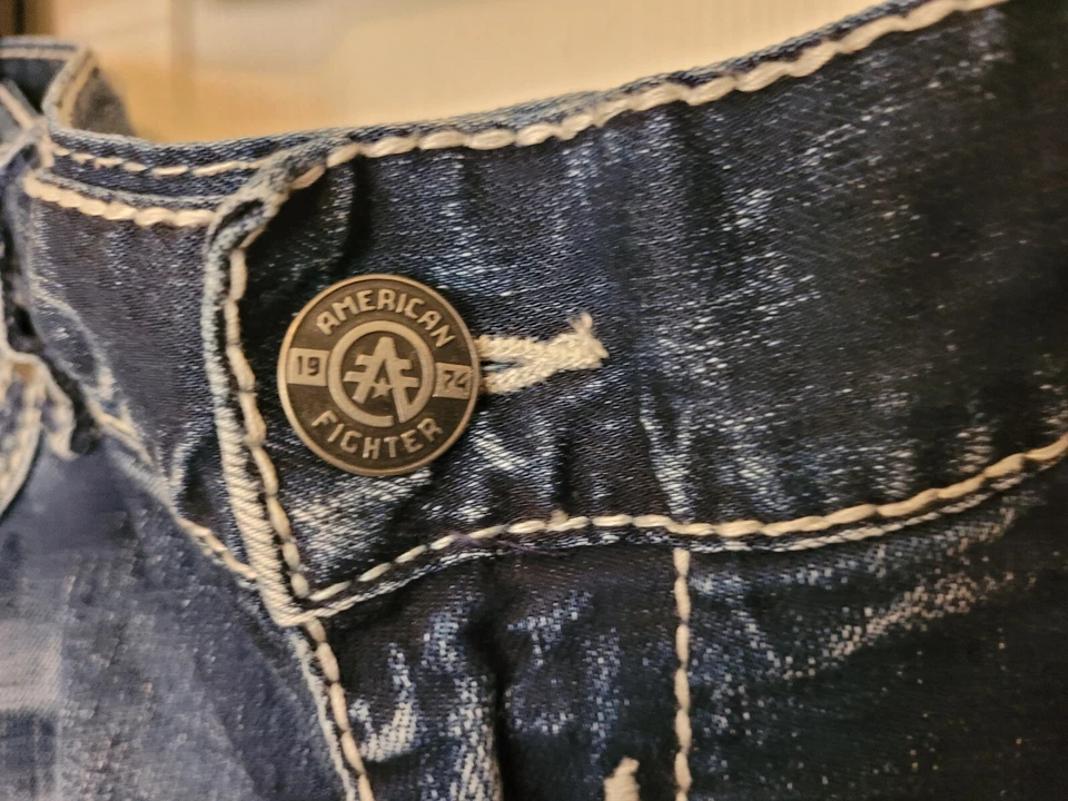 American Fighter Legend 蓝色牛仔扣 Affliction 男式 38x34 — 第 3/4 张图片