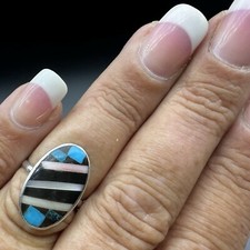 NICE ESTATE STERLING SILVER TURQUOISE  MOTHER Of PEARL INLAY BAND RING SIZE 6