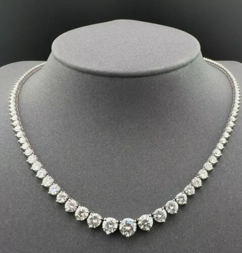 $86000 14K Solid White Gold 13.30ct Round Diamond Graduated Tennis Necklace