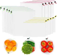 White Reusable Mesh Produce Bags 3 Sizes w/Drawstring -5 Sml-5 Med-5Lg- 2 Packs