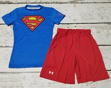 UNDER ARMOUR Medium Boys Blue Superman Fitted Tee Red Athletic Shorts Youth YMD