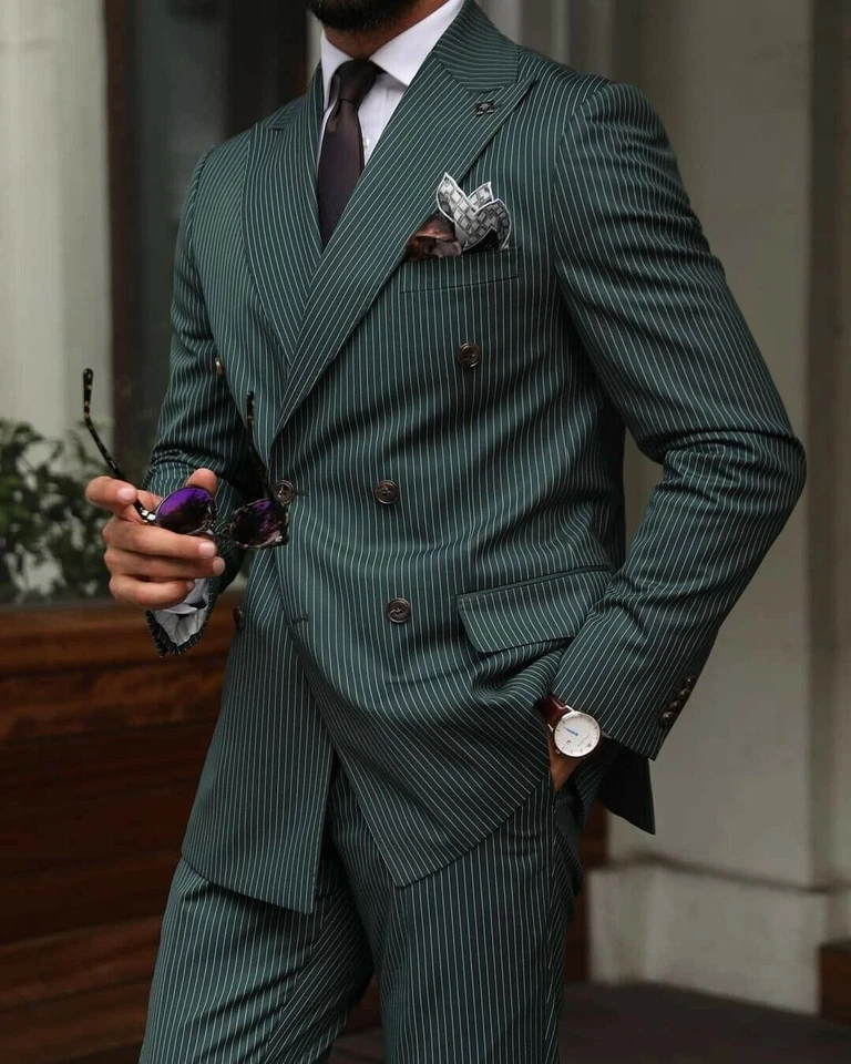 Green Pinstripe Men Suits Peak Lapel Double-Breasted Tuxedos Wedding Prom Blazer - Image 4 of 4