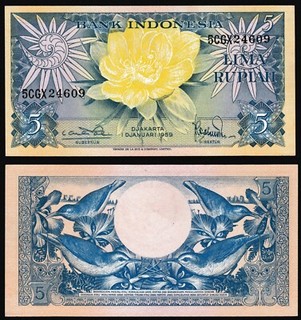 Indonesia 5 rupiah 1959 Yellow Flower & Kolibri Birds P65 Prefix 5CGX UNC