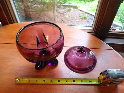 VTG Mid Century Viking Glass Trifooted Epic Amethyst Candy Dish With Lid Read