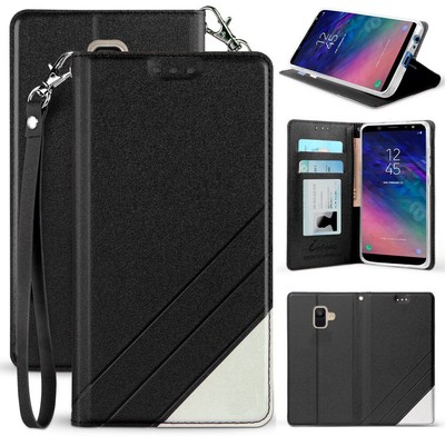 Schwarz Folio Etui Schutzhülle Ständer Handgelenkband für Samsung Galaxy A6,