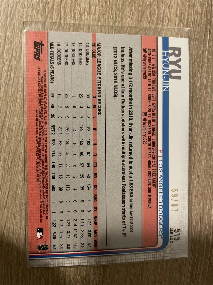 2019 Topps Series 2 #515 BLACK PARALLEL /67 HYUN-JIN RYU Los Angeles Dodgers - Image 2 of 2