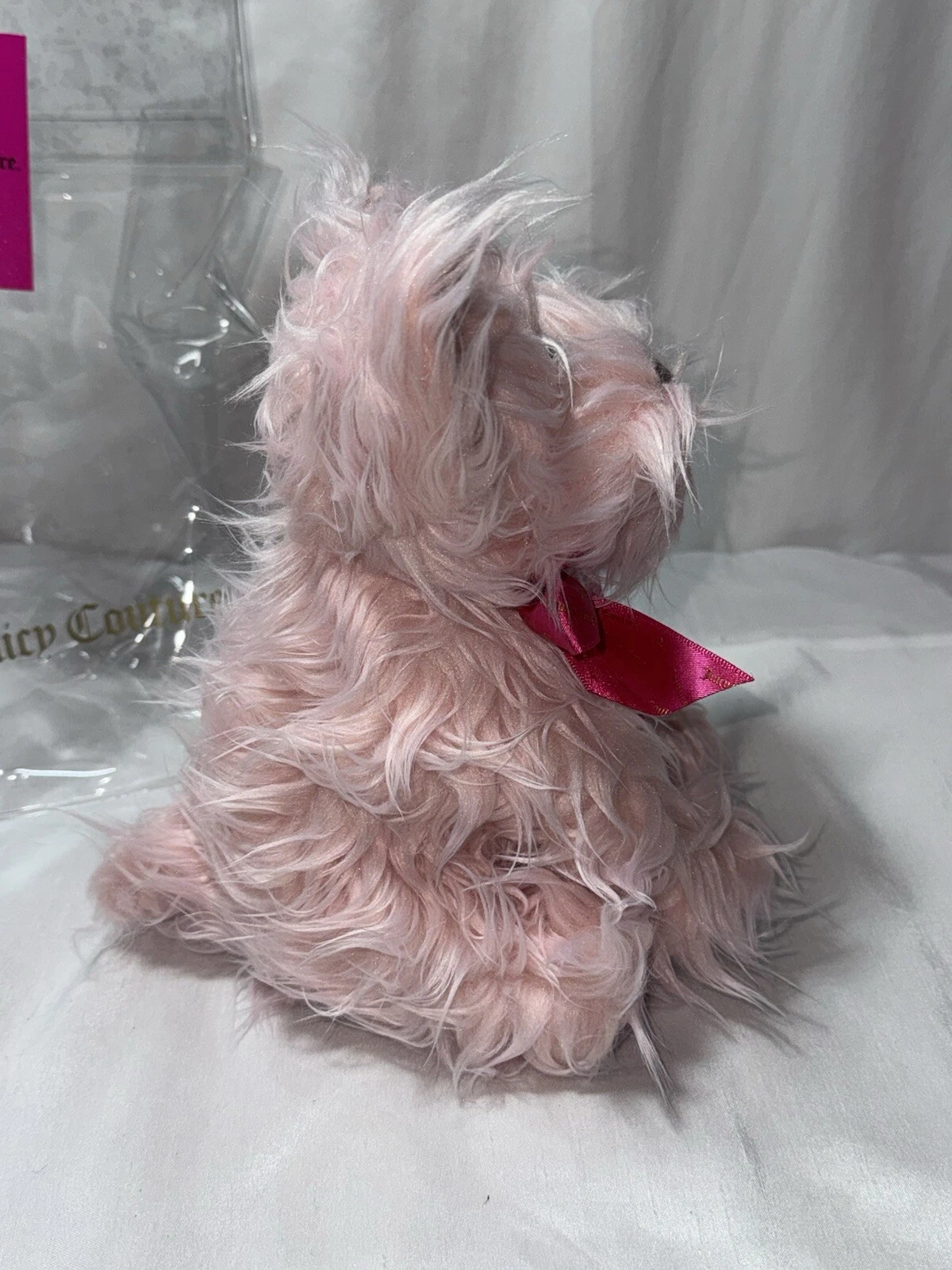 Juicy Couture Pink Peluche Cane Scotty con etichette e borsa trasparente
