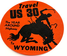c1940s luggage label Wyoming Rodeo cowboy US Highway 30