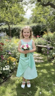 Mädchen Kleid Blumenstickerei Perlen grün Schleife Gürtel Alter: 5-6 Jahre