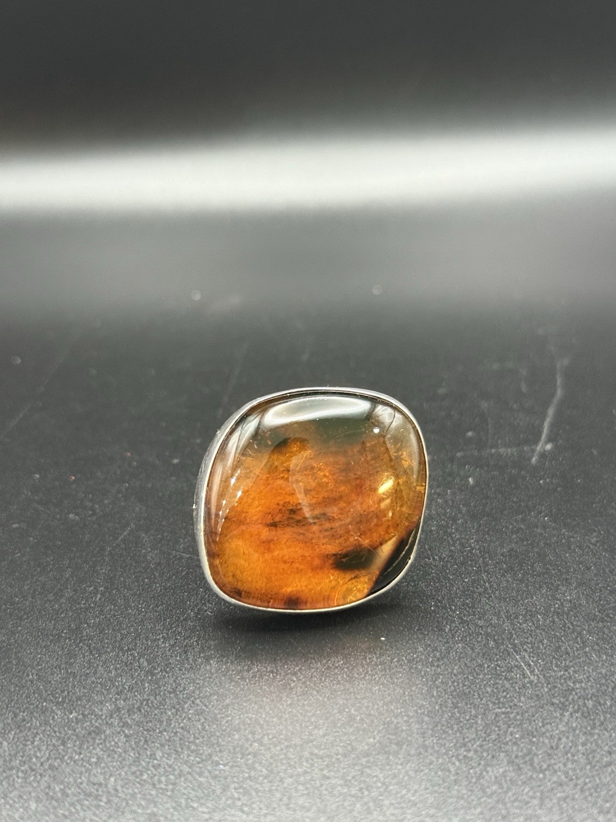 Adjustable 950 Silver Brown Amber Ring - image 1