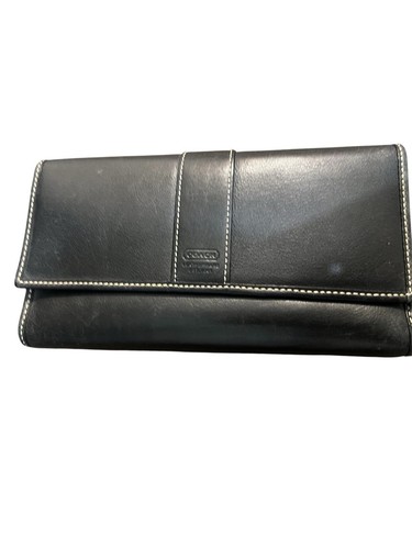 COACH Black Leather Wallet Fold Over Trifold Snap Zipper Coin Check Book EUC - Picture 1 of 4