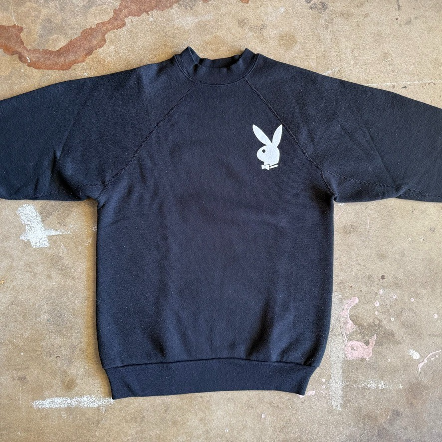 80s VINTAGE PLAYBOY MAGAZINE BLACK RAGLAN SWEATSHIRT SZ XS PLAYBOY