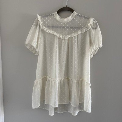 RO&DE White Swiss Dot Ruffle Peplum Blouse Mock Neck Short Sleeve Small Romantic