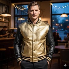 Men’s Varsity Letterman Bomber Baseball College Jacket Black Gold Real Leather