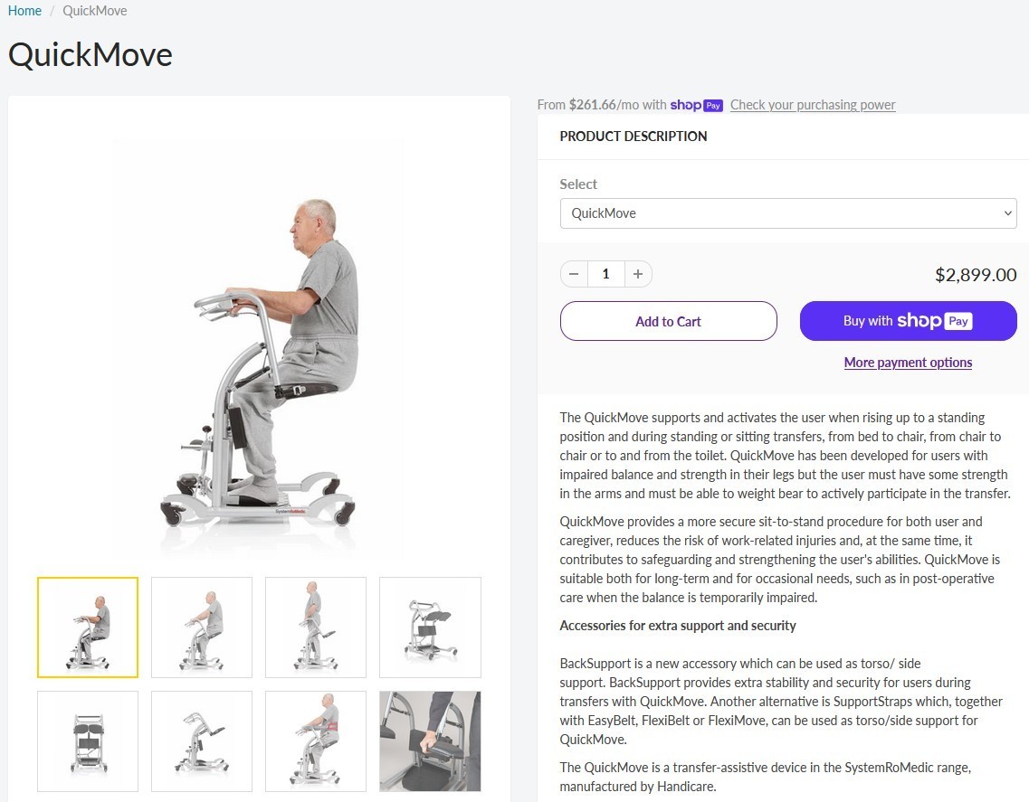 HANDICARE SYSTEMROMEDIC QUICKMOVE SIT-TO-STAND SARA STEDY TRANSFER STAND-UP LIFT