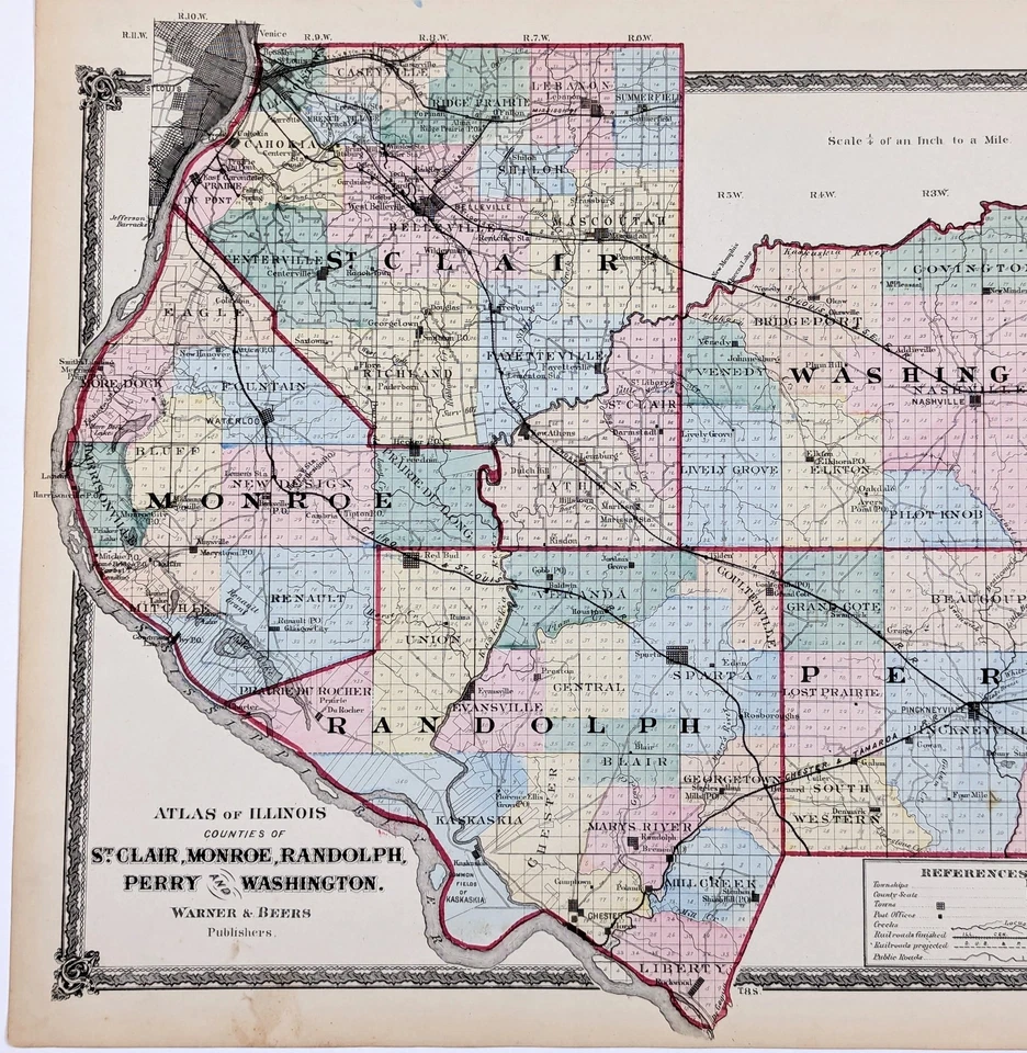 Mapa del condado de Illinois 1875 ST CLAIR MONROE RANDOLPH PERRY WASHINGTON (16X13) Foto 2 de 4