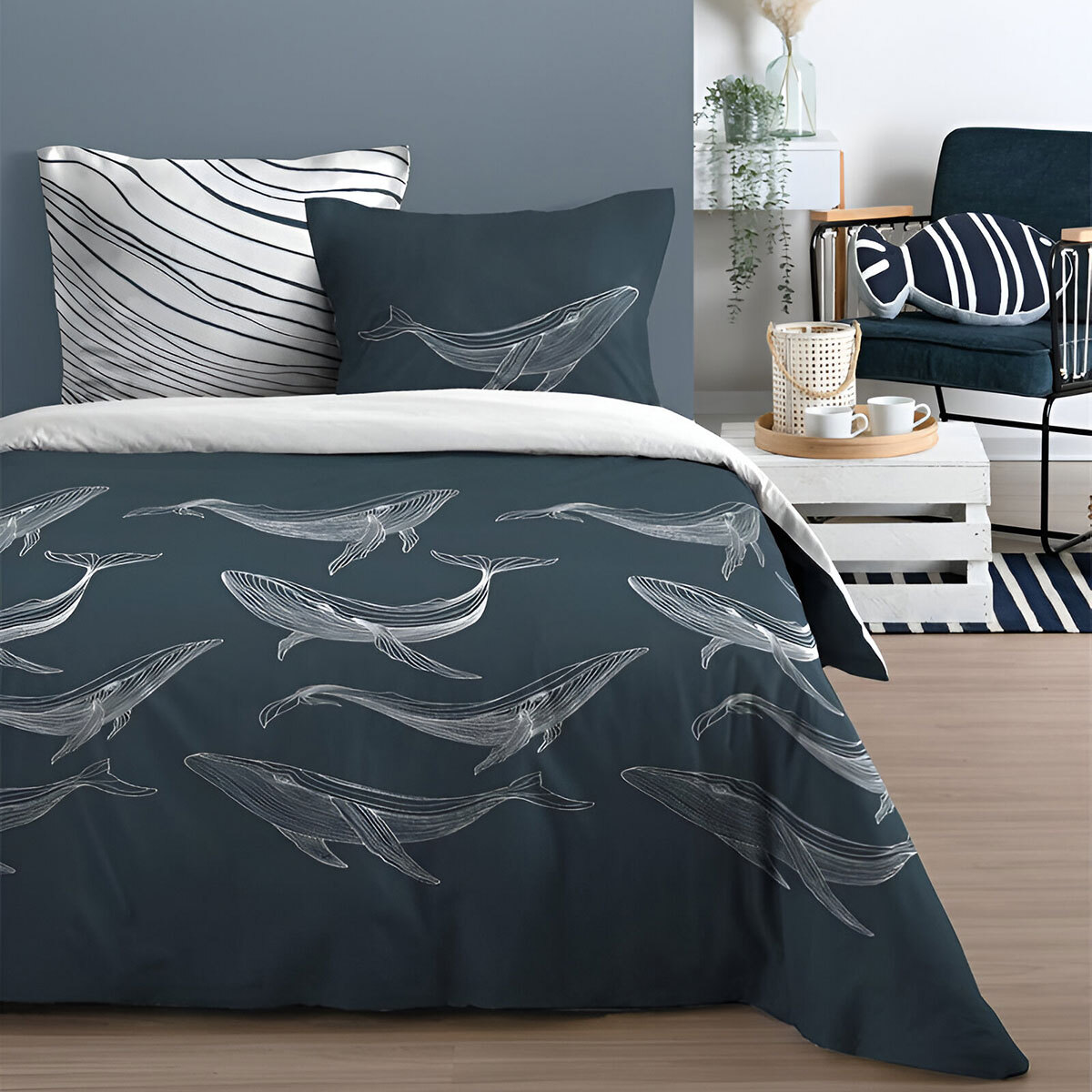 Parure de lit baleine bleue 260 x 240 cm en satin de coton supérieur