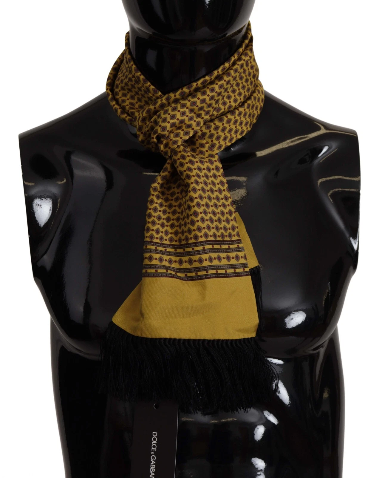 DOLCE & GABBANA Yellow Patterned Silk Neck Wrap Fringe Scarf 140cm X 15cm 280usd