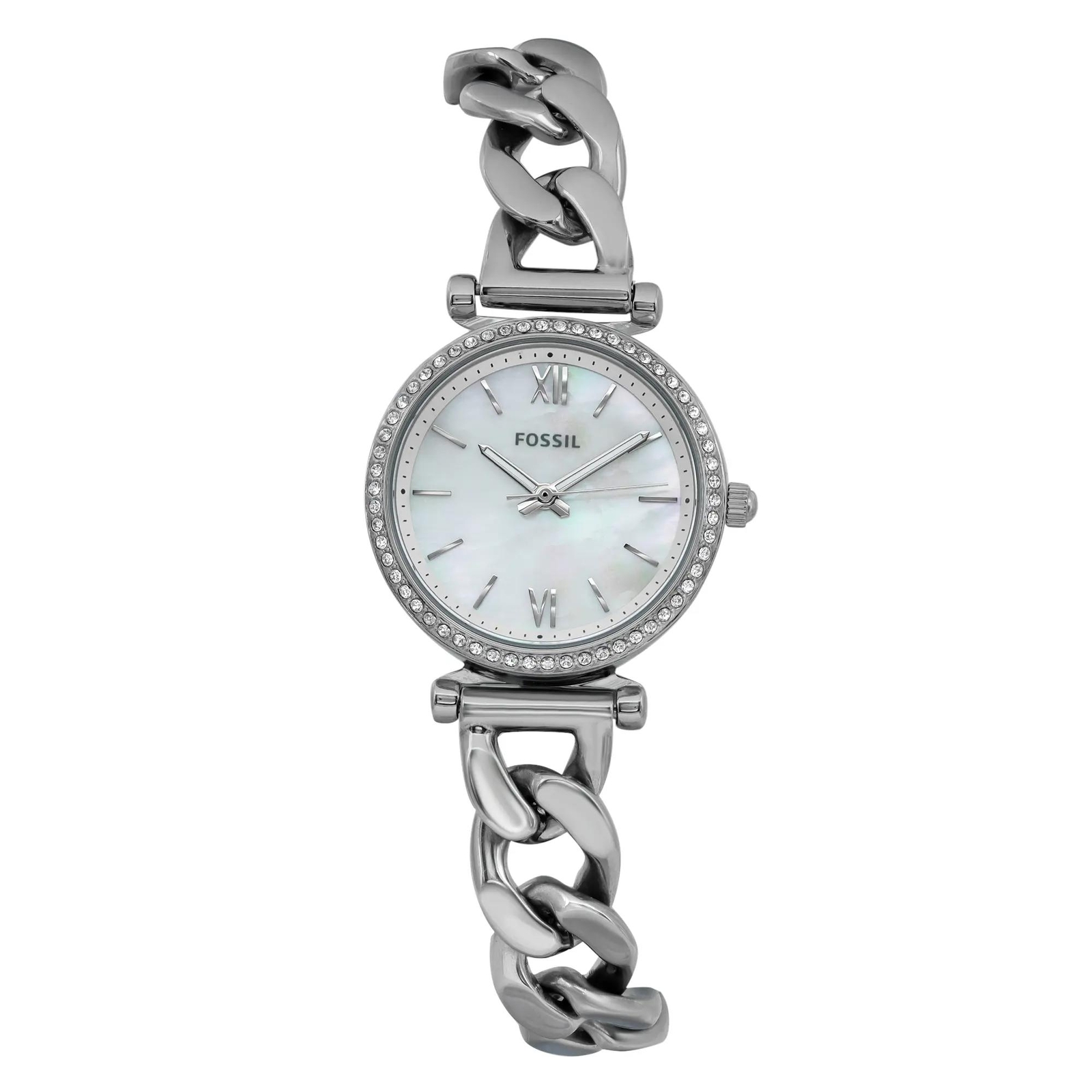Fossil Carlie Mini 28mm Steel Crystal Silver MOP Dial Ladies Quartz Watch ES4689
