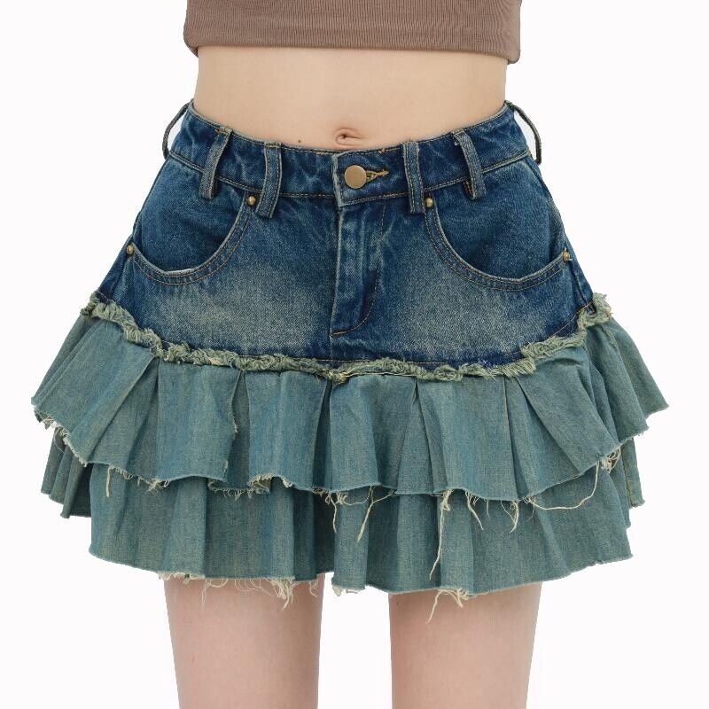 Women Ruffle Hem Denim Skirt with Pockets High Waist Layered Women Ruffle Hem Denim Skirt with Pockets High Waist Layered