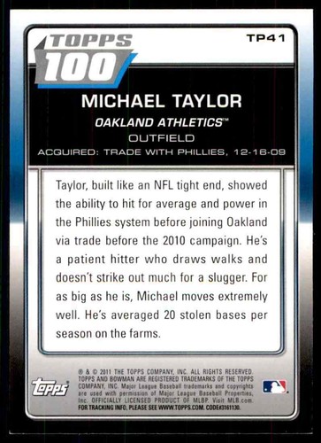 2011 Bowman Topps 100 Michael Taylor Oakland Athletics #TP41 - Picture 2 of 2