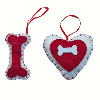 Bone & Love Shape Christmas Tree Decorations, Red White Dog Cat Set 2 