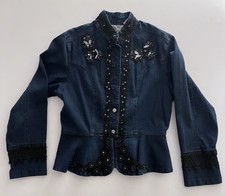 Flashback Denim Jacket Large Dark Blue W/embroidered Rhinestones