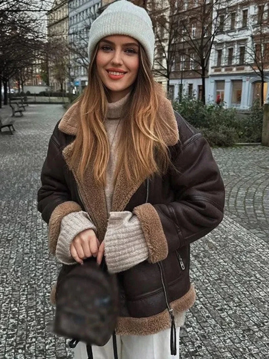 ZARA BROWN FAUX LEATHER SHEARLING FUR DOUBLE FACED BIKER JACKET AVIATOR COAT  NEW | eBay