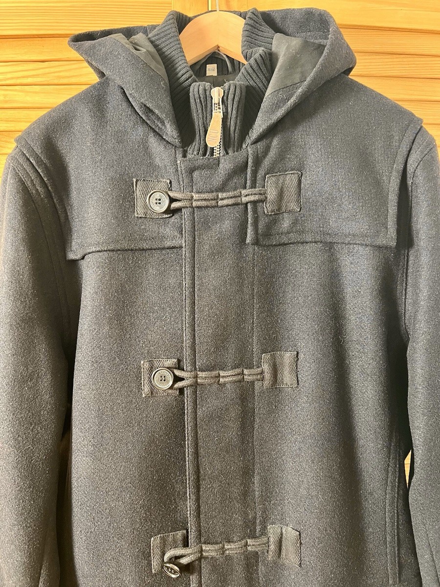 NIGEL CABOURN UTILITY Wool Duffle Coat Black Graphite Hooded Size