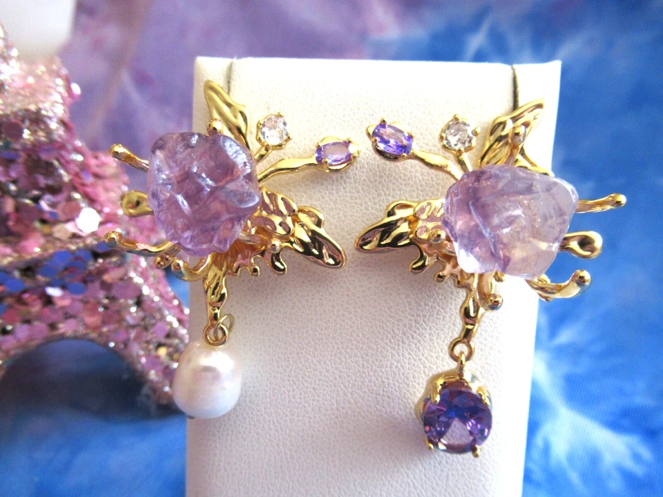 Pendientes Perla Amatista Hada Mariposa Asimétrico Oro Druzy Cuarzo Piedra NUEVO Foto 4 de 4