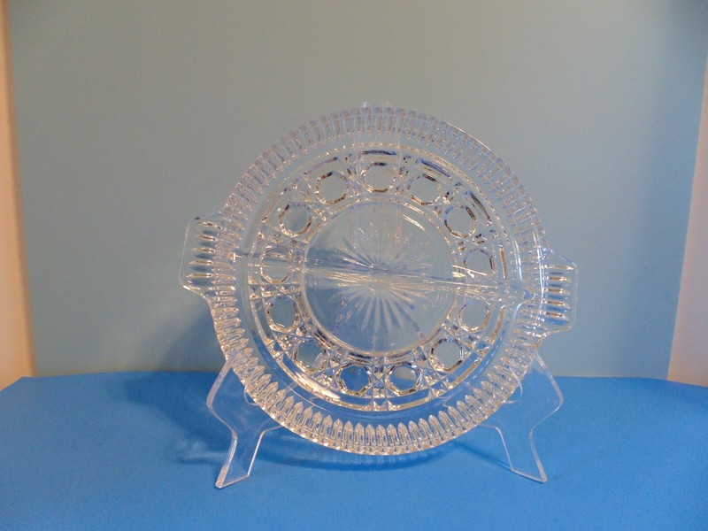 Vintage Indiana Clear Glass Button and Cane Windsor Round  Divided Relish Dish