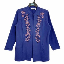 Denim Co. Open Front Cardigan Womens Size Large Embroidery Dark Indigo /L