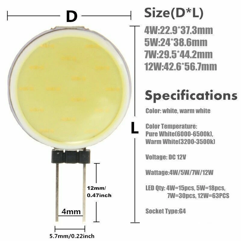 G4 LED COB 4W 5W 7W 12W Lampe Birne Sockel Leuchtmittel DC12V Warmweiß Kaltweiß - Bild 4 von 4