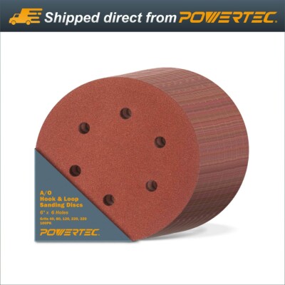 POWERTEC A/O Hook & Loop Sanding 6 Hole Disc 6'', Grits Assortment,100PK