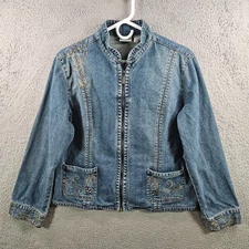 Chico's Denim Jean Jacket Women Size 2 Embroidered Full Zip Blue