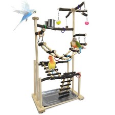 Large Bird Playground - Natural Wood Perch Gym 4 Layers Parrot Playstand Acti...