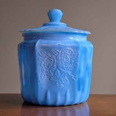 Vintage Open Rose Mayfair Biscuit Cookie Jar Blue & White Milk Glass Swirl