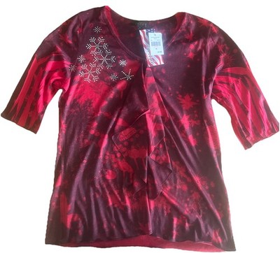 Cal Style Women's  V-neck 3/4 Sleeve Rhinestone Studded Red  Top Size M HOLIDAY
