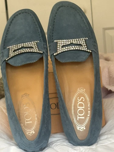 TOD’S Splendido mocassino donna blu teal scamosciato e strass 6 M Todd’s