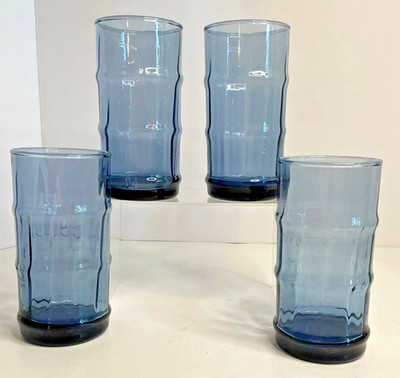Set of 4 Libbey Blue Bamboo Bash 12 oz Tumbers Glasses Optic 5''