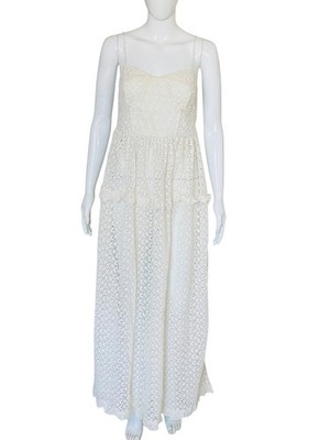 Doen Damen Gehäkelt Blumenmuster Ösen Bestickte Baumwolle Lang Maxi Kleid XS