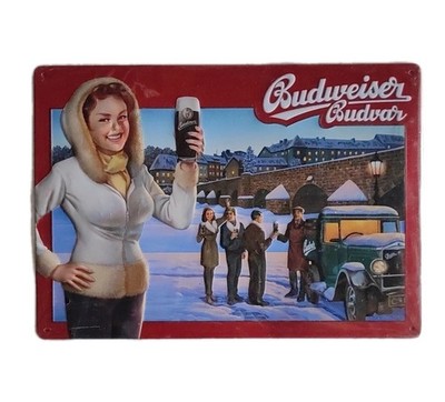 Budweiser Budvar Blechschild, Wintermotiv, Relief, ca. 20X30 cm