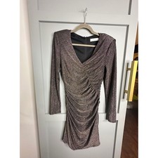 ASTR The Label Green Multi Metallic Ruched V-Neck Mini Dress Size L ACDR101365