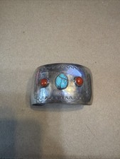 Vintage Navajo Sterling Silver Turquoise & Coral Wide Cuff Bracelet Native