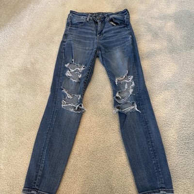 American Eagle Size 6 Women Denim blue Jeans Stretch hi rise Jegging Distressed 