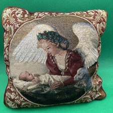 Vintage Christmas Tapestry Throw Pillow 15" x 15" Angel with Baby in Manger EUC