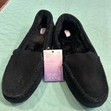NEW Stars Above Moccasin Slippers House Shoes Womens Size 10 BLACK Suede Leather