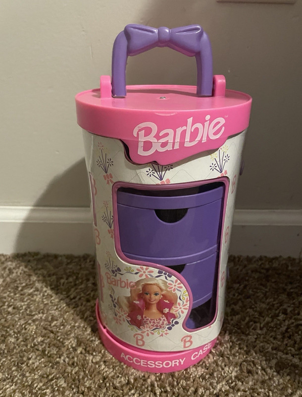 Vintage Barbie Pink Purple White Plastic Accessory Case Bag w/ Drawers & Handle