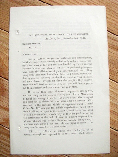 CIVIL WAR MISSOURI STERLING PRICE INVASION UNION CALL TO ARMS ST LOUIS 1864